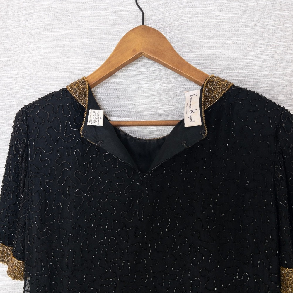 Vintage Laurence Kazar Beaded Top Women's Medium 100% Silk Black Gold Formal 80s - Picture 5 of 16